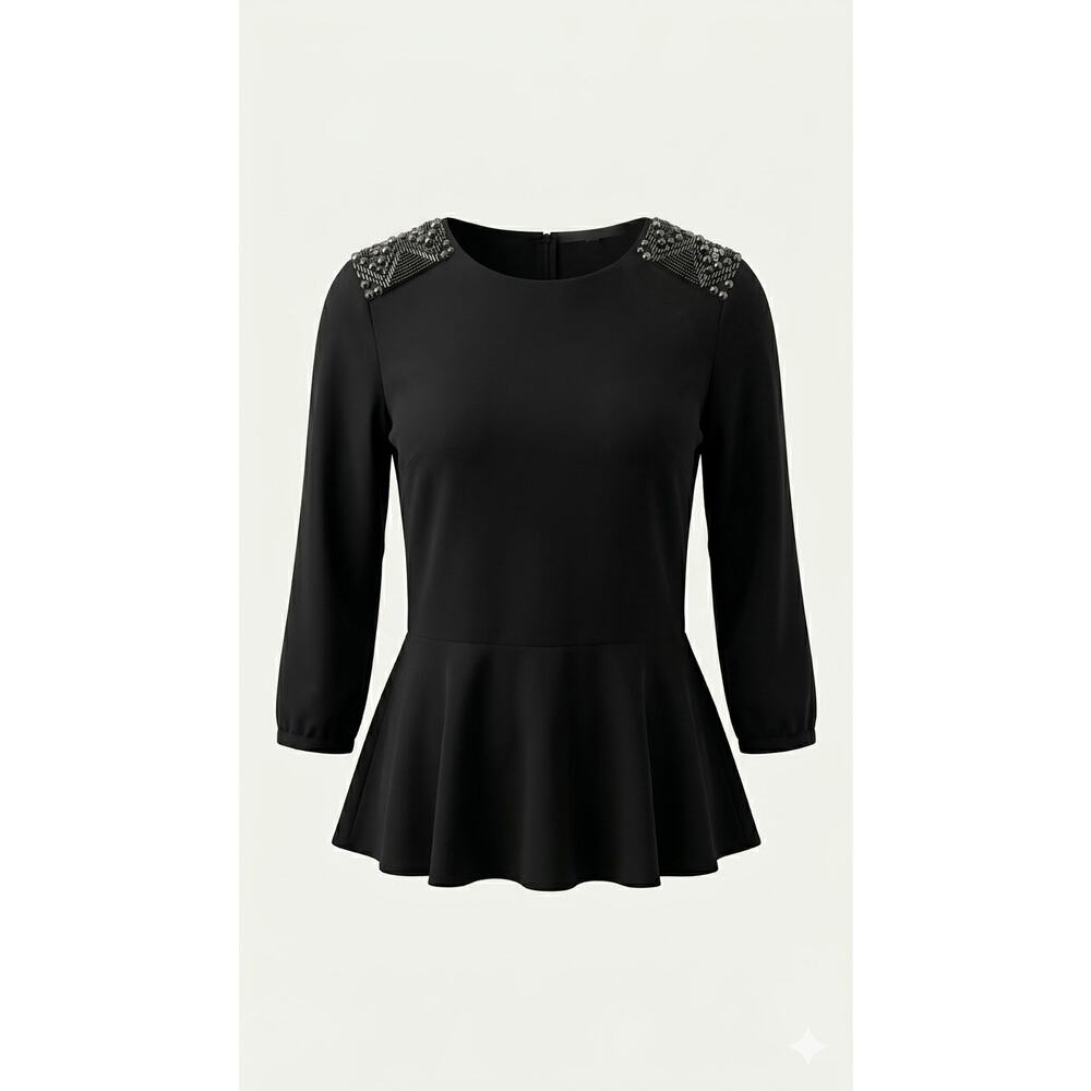 Stunning Forever 21 Black Peplum Top with Beaded Shoulders